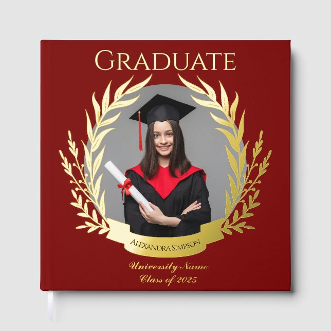 Elegant Photo Graduation Party Burgundy and Gold Foil Guest Book (Front)