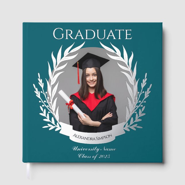 Elegant Photo Graduation Party Dark Cyan & Silver Foil Guest Book (Front)
