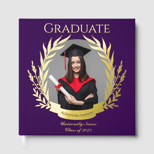 Elegant Photo Graduation Party Purple and Gold Foil Guest Book (Front)