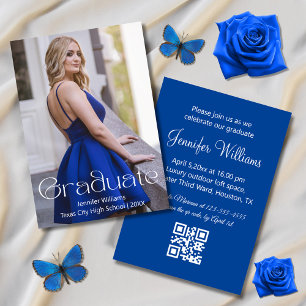elegant photo graduation party qr code rsvp blue invitation