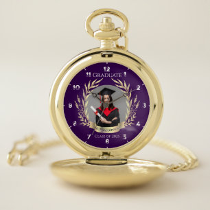 Elegant Photo Graduation Purple and Gold Pocket Watch