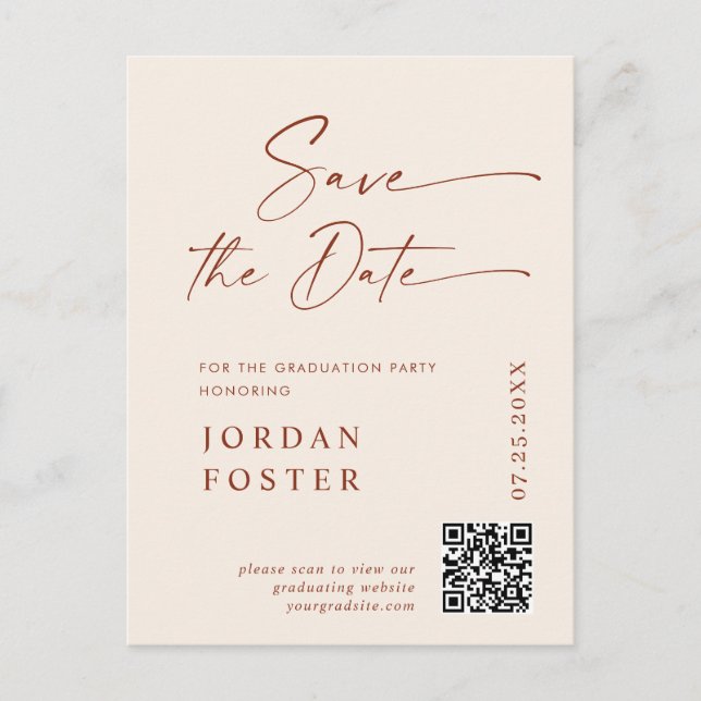 Elegant Photo Graduation Save the Date QR code Postcard (Front)