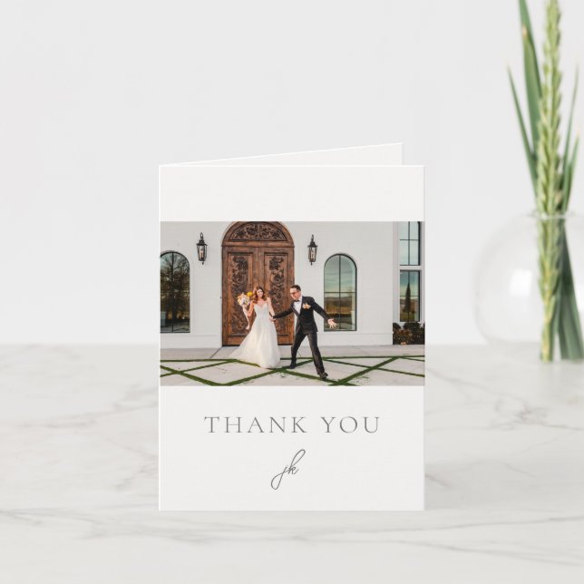 Elegant Photo Gray Script Monogram Wedding Thank You Card (Front)