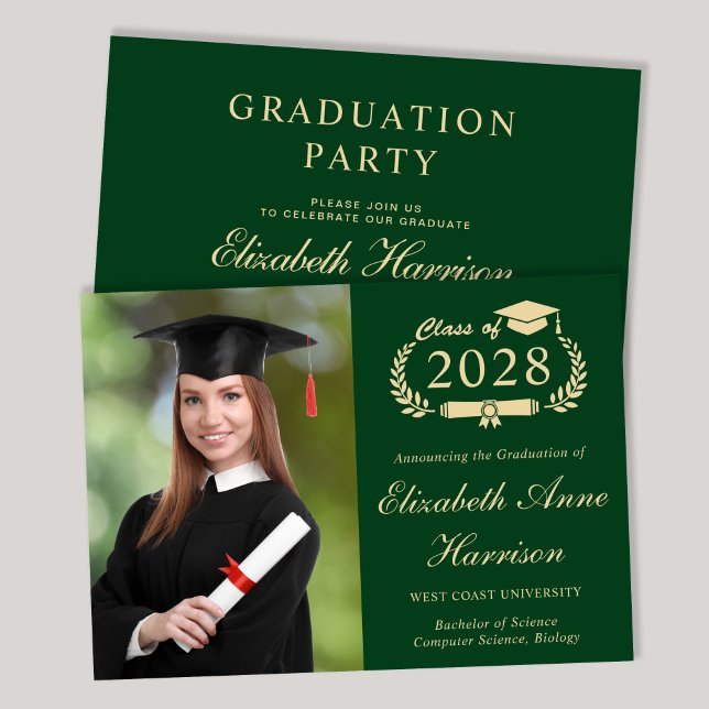 Elegant Photo Green College Graduation Party Invitation (An elegant college graduation party invitation to celebrate the graduate's achievements)