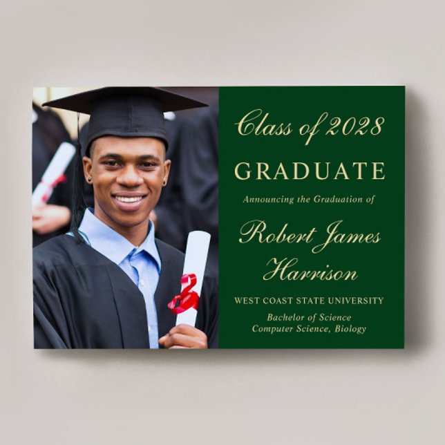 Elegant Photo Green Gold College Graduation Announcement (Share the pride and excitement of your graduate's achievement with friends and family near and far)