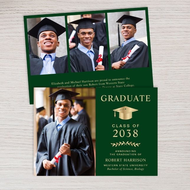 Elegant Photo Green Gold College Graduation Announcement (An elegant college graduation announcement to celebrate the graduate's achievements)