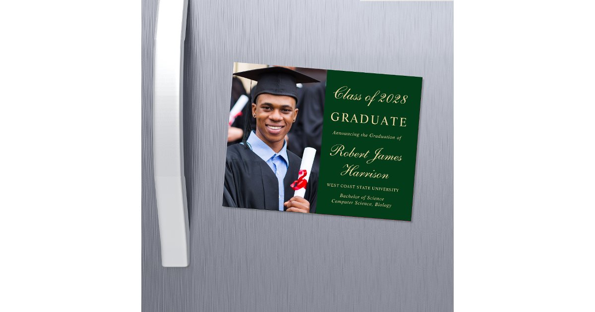 Elegant Photo Green Gold College Graduation Magnetic Invitation | Zazzle
