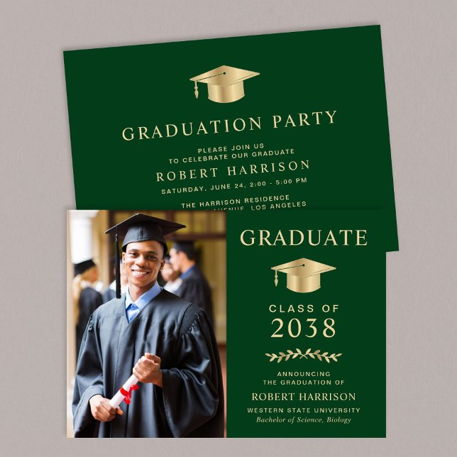 Elegant Photo Green Gold College Graduation Party Invitation (An elegant college graduation party invitation to celebrate the graduate's achievements)