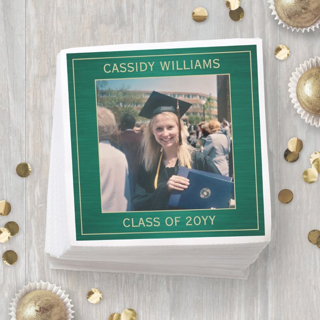 Elegant Photo Green & Gold Modern Graduation Party Napkins (Creator Uploaded)