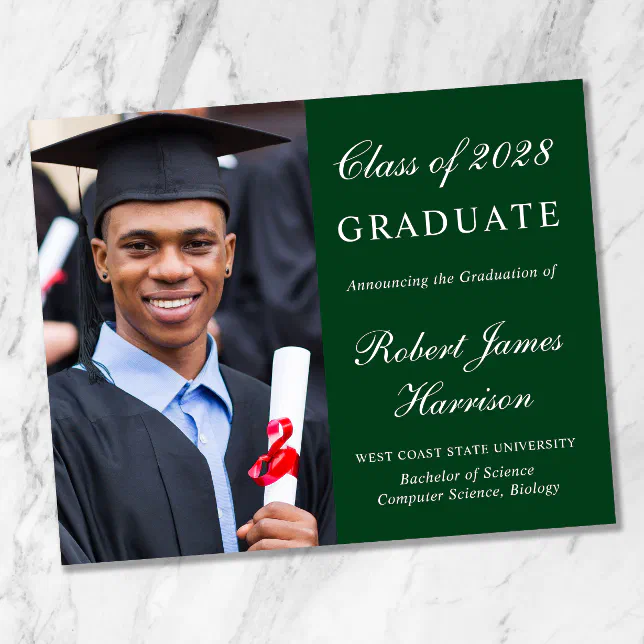 Elegant Photo Green Graduation Announcement | Zazzle