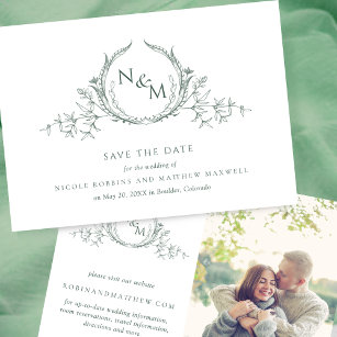 Classic & Traditional Wedding Save the Date with Monogram Crest in Navy Blue  and Gold with Envelope and Guest Addressing — Other Colors!