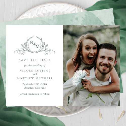 Elegant Photo Green Monogram Wedding Save The Date