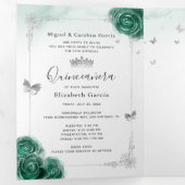 Elegant Photo Green Rose Silver Quinceanera Tri-Fold Invitation (Inside First)