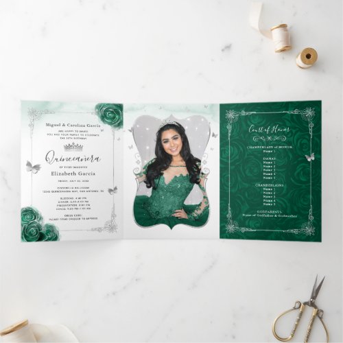 Elegant Photo Green Rose Silver Quinceanera Tri_Fold Invitation