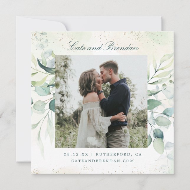 Elegant Photo Greenery Eucalyptus Wedding Save The Date (Front)