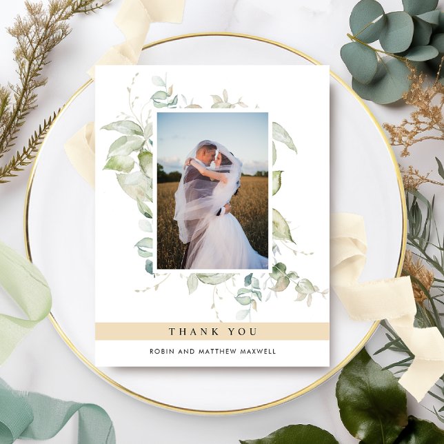 Elegant Photo Greenery Wedding Beige Tan Thank Yo You Card (Creator Uploaded)