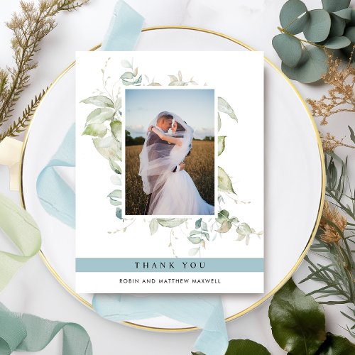 Elegant Photo Greenery Wedding Mist Blue Thank You Card