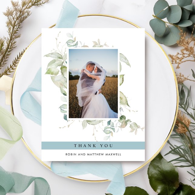 Elegant Photo Greenery Wedding ,Mist Blue Thank You Card (Creator Uploaded)