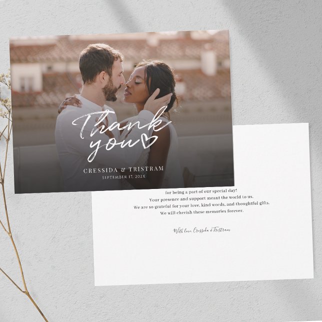 Elegant Photo Hand-Lettered Wedding Thank You Card (Mixed Couple Photo Wedding Thank You Card)