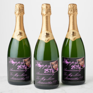 Elegant Photo Happy 25th Anniversary Pink Black Sparkling Wine Label