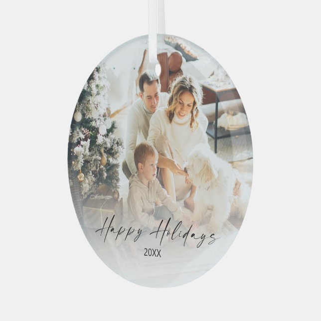 Elegant Photo Happy Holidays Christmas Tree glass Ornament (Front Left)