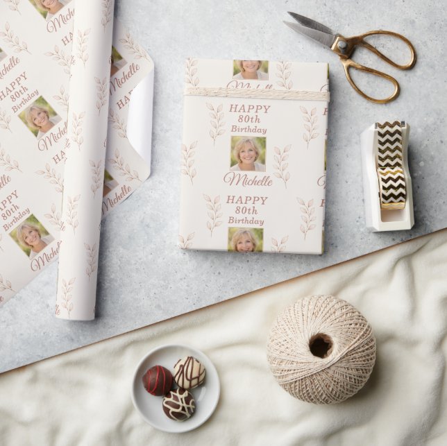 Elegant Photo Leaves Botanical 80th Birthday  Wrapping Paper (Crafts)