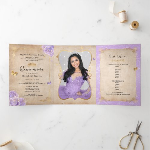 Elegant Photo Light Purple and Gold Quinceanera Tri_Fold Invitation