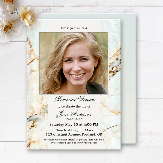 Elegant Photo Marble Funeral Memorial Service Invitation | Zazzle