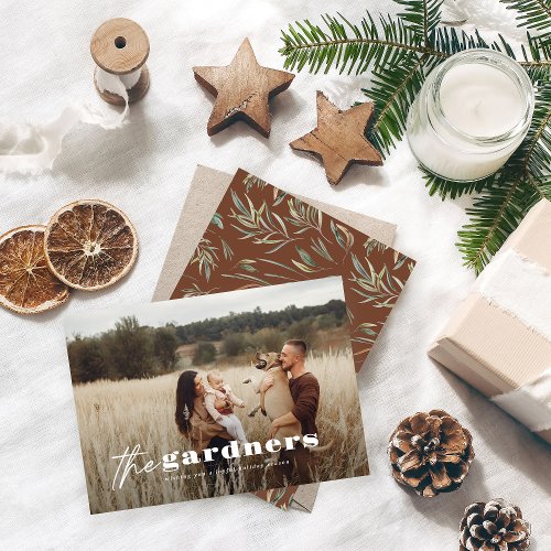 Elegant photo modern minimal brown botanical holiday card