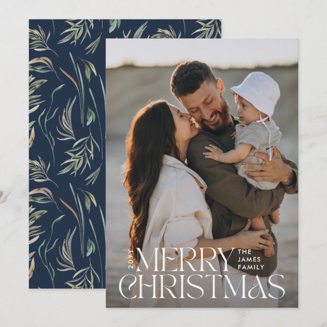 Elegant photo modern minimal navy blue botanical holiday card (Front/Back)