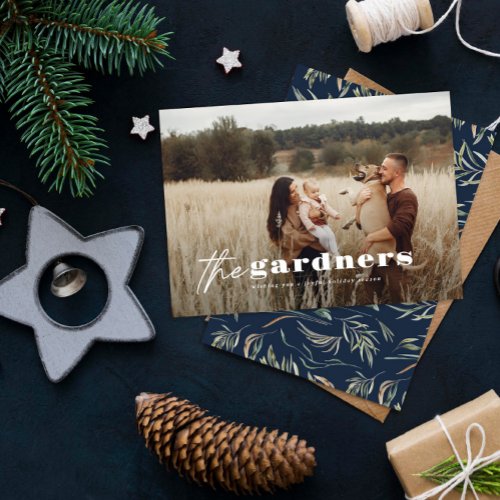 Elegant photo modern minimal navy blue botanical holiday card