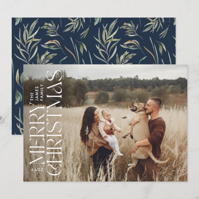 Elegant photo modern minimal navy blue botanical holiday card (Front/Back)
