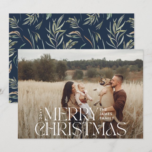 Elegant photo modern minimal navy blue botanical holiday card (Front/Back)