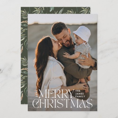 Elegant photo modern minimal olive green botanical holiday card