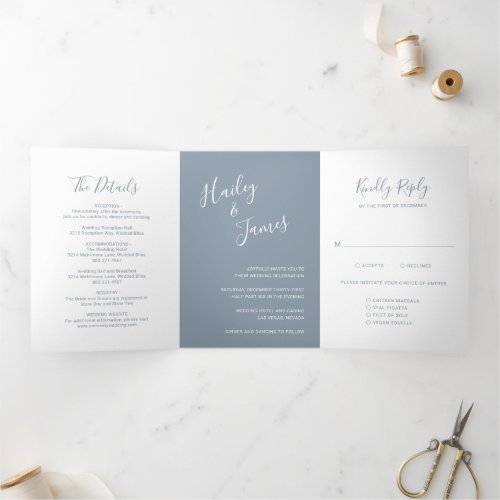 Elegant Photo Modern Simple Dusty Blue Wedding Tri_Fold Invitation
