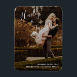 Elegant Photo Modern Wedding Magnet<br><div class="desc">Modern wedding favor magnet featuring a simple design with your names in an elegant handwritten script at the top left and your wedding details in right alignment at the bottom right, over your favorite photo. The chic hand lettering adds a romantic touch to this minimalist design. These magnets are great...</div>