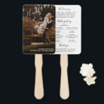Elegant Photo Modern Wedding Program Hand Fan<br><div class="desc">Modern wedding program hand fan featuring a simple design with your names in an elegant handwritten script at the top left and your wedding details in right alignment at the bottom right, over your favorite photo. The backside has your order of ceremony, wedding party and thank you message in black...</div>