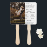 Elegant Photo Modern Wedding Program Hand Fan<br><div class="desc">Modern wedding program hand fan featuring a simple design with your names in an elegant handwritten script at the top left and your wedding details in right alignment at the bottom right, over your favorite photo. The backside has your order of ceremony, wedding party and thank you message in black...</div>