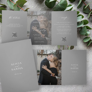 Elegant photo modern wedding RSVP details QR code  Tri-Fold Invitation