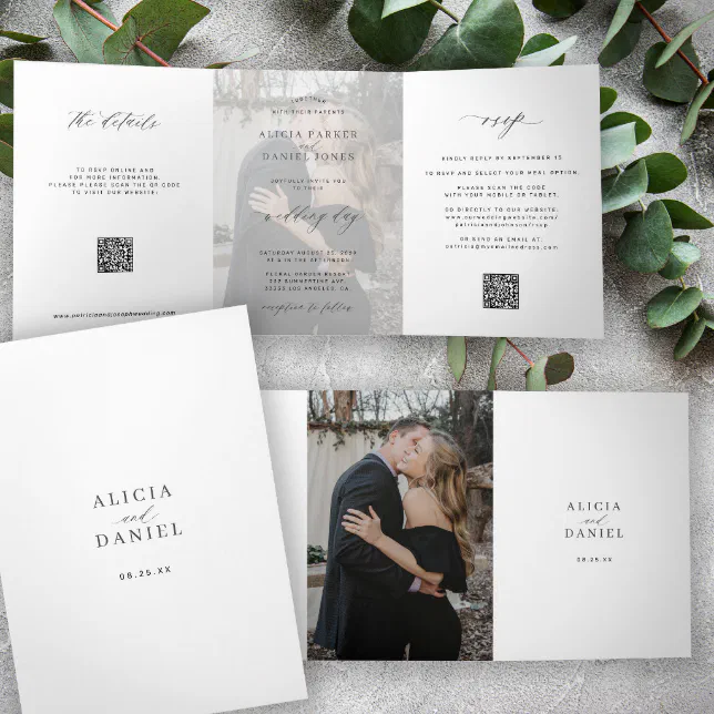 Elegant photo modern wedding RSVP details QR code Tri-Fold Invitation ...