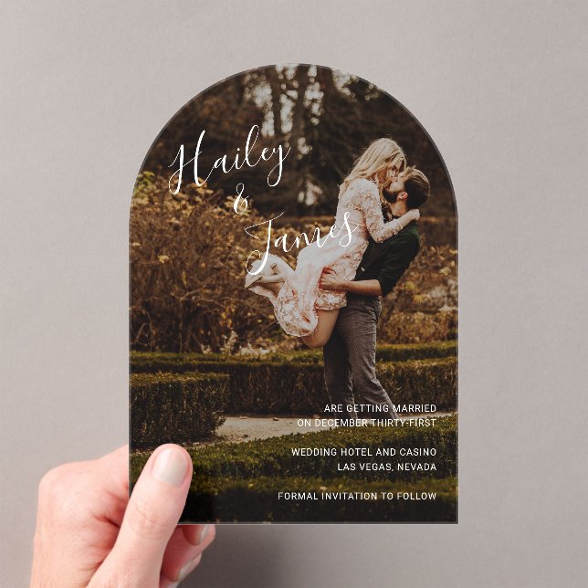 Elegant Photo Modern Wedding Save the Date Acrylic Invitations (Insitu (Handheld))