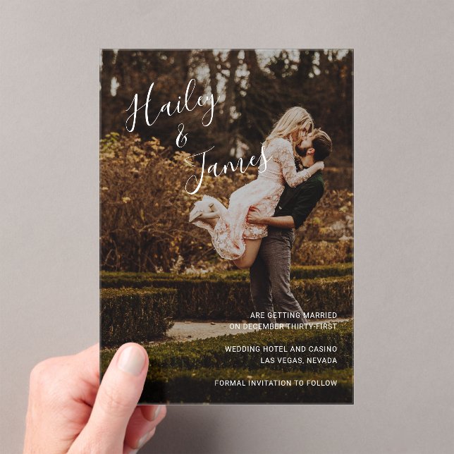 Elegant Photo Modern Wedding Save the Date Acrylic Invitations (Insitu (Handheld))
