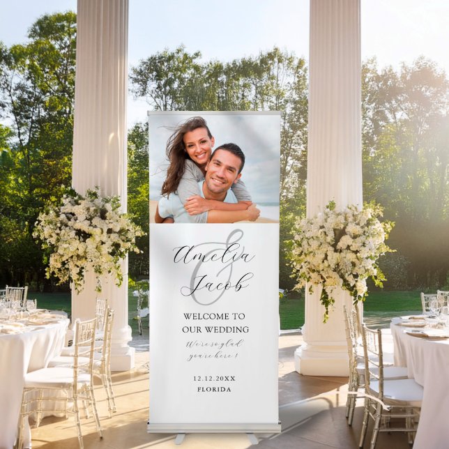 Elegant Photo & Monogram Black & White Wedding Retractable Banner (Creator Uploaded)