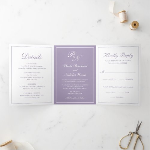 Elegant Photo Monogram Dusty Purple Formal Wedding Tri_Fold Invitation