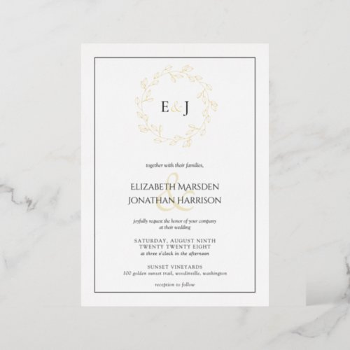 Elegant Photo Monogram Leaf Wreath Wedding Foil Invitation