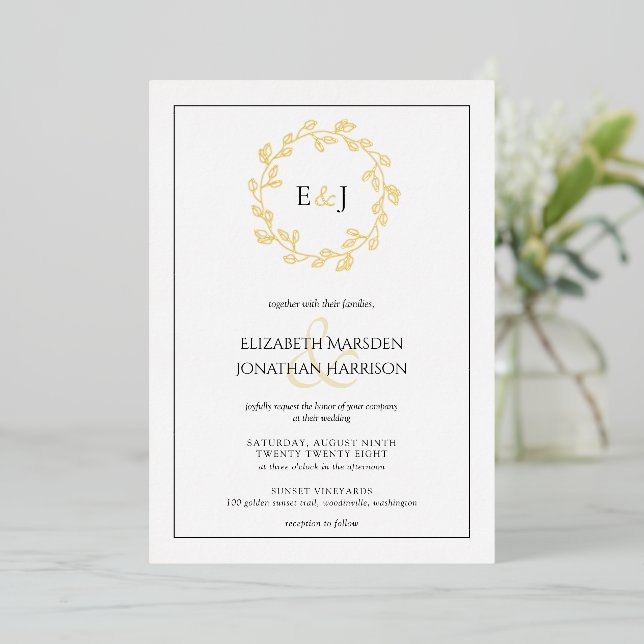 Elegant Photo Monogram Leaf Wreath Wedding Foil Invitation (Standing Front)