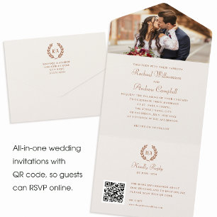 Elegant Photo Monogram QR Terracotta Cream Wedding All In One Invitation