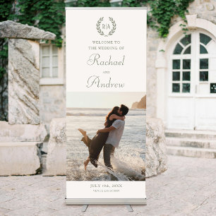 Elegant Photo Monogram Wedding Green Cream Retractable Banner
