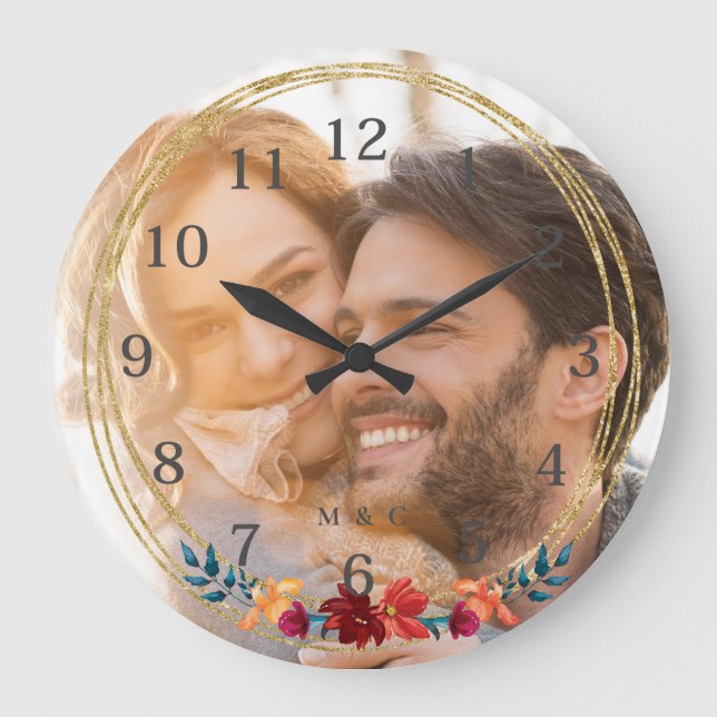 Elegant Photo Monogram Wedding Large Clock (Front)