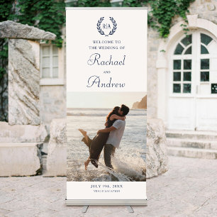 Elegant Photo Monogram Wedding Navy Cream Retractable Banner